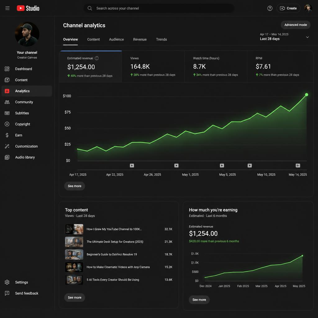 Painel do YouTube Studio mostrando receita estimada de US$ 1.254 com gráfico de crescimento